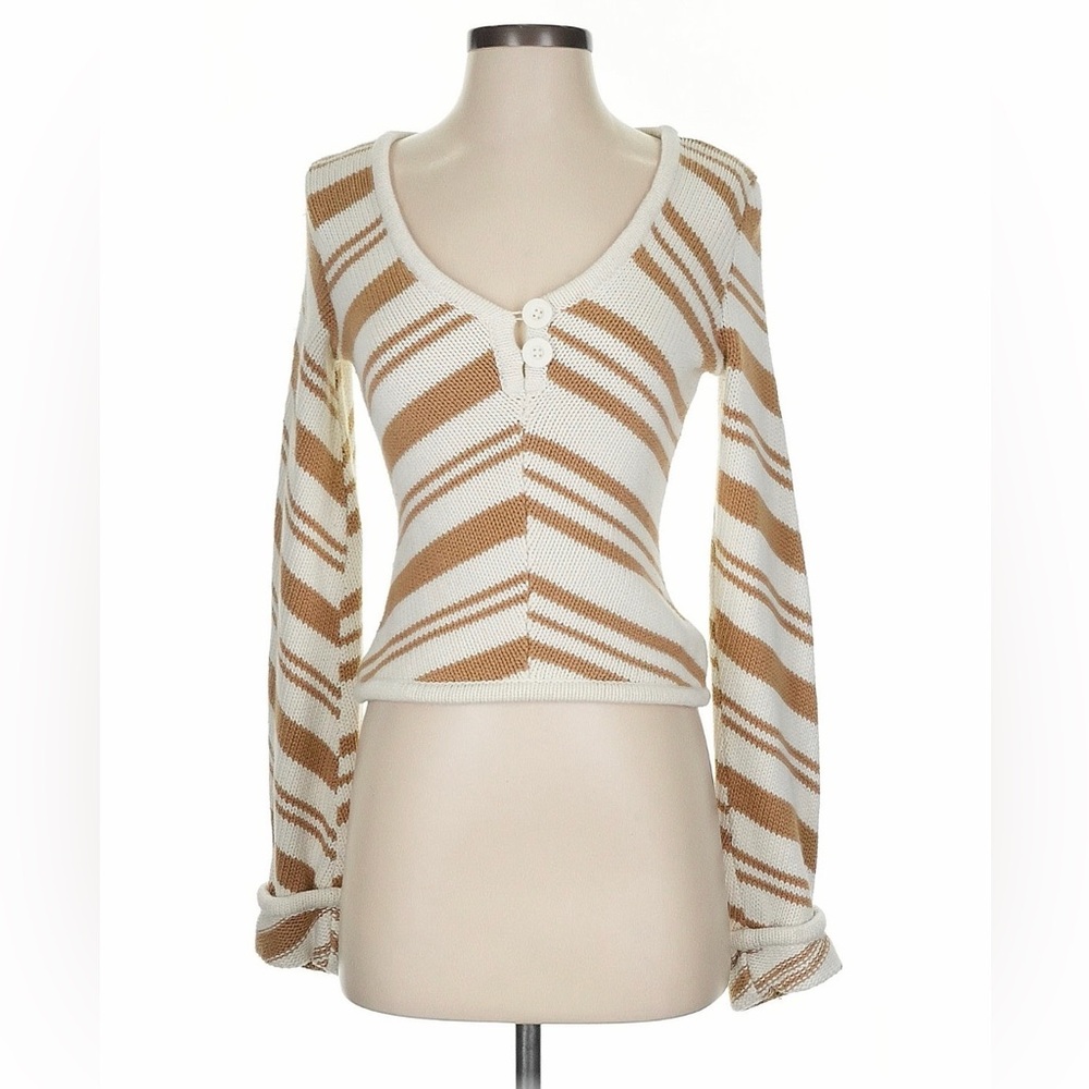 Women’s Cream & Tan Striped Knit Button-Front Top